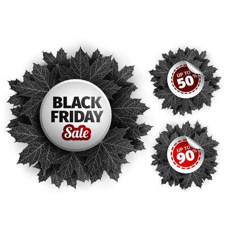 3d black friday sale tag design. Black realistic autumn leaves.のイラスト素材