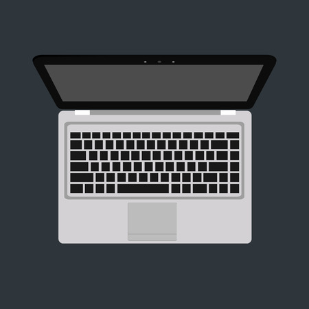 laptop flat mock-up in top view. Minimal flat design for websites, business, marketing, and commercial. computer icons on dark background. Isolated laptop with black buttons and dark screen.のイラスト素材