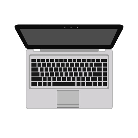laptop flat mock-up in top view. Minimal flat design for websites, business, marketing, and commercial. computer icons on white background. Isolated laptop with black buttons and dark screen.のイラスト素材
