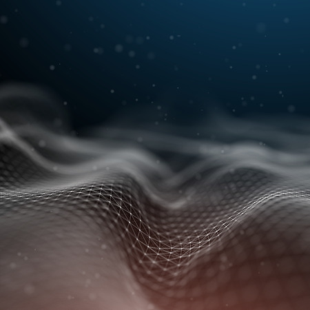 Abstract Futuristic 3d Render Illustration. Plexus polygonal background. Wireframe landscape concept. Dark sci-fi backdrop. Dots and lines connections. Space surface. Big data macro wireframe.の写真素材