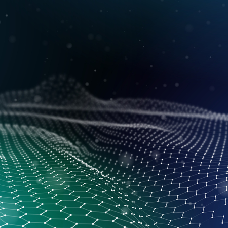 Abstract Futuristic 3d Render Illustration. Plexus polygonal background. Wireframe landscape concept. Dark sci-fi backdrop. Dots and lines connections. Space surface. Big data macro wireframe.の写真素材