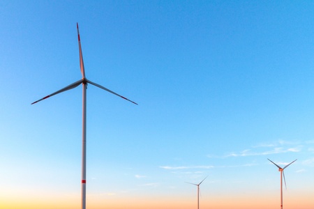 Wind Turbines in the evening in high summer August Germanyの販売画像