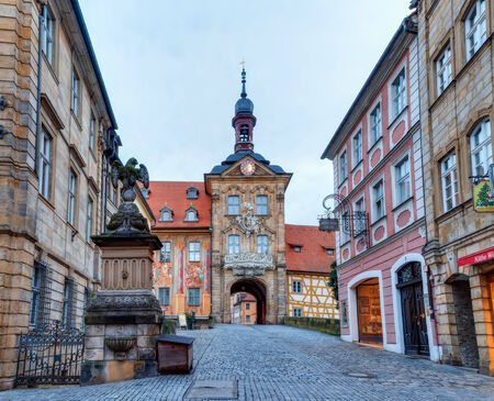 Famous Old City Hall of Bamberg on the river Regnitz in the morning hours in Bavaria   Germany  Picture was taken in the blue hour before sunriseのeditorial素材