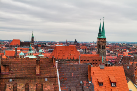 Panorama of the historical City of Nuremberg in Bavaria, Germany, on a cloudy afternoonの写真素材