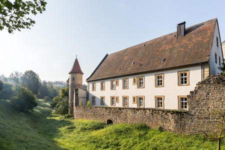 Medieval Bavarian City Sesslach in Germany with its famous city wall. Warm September Morning. Lovely Towers and Historic Buildingsのeditorial素材