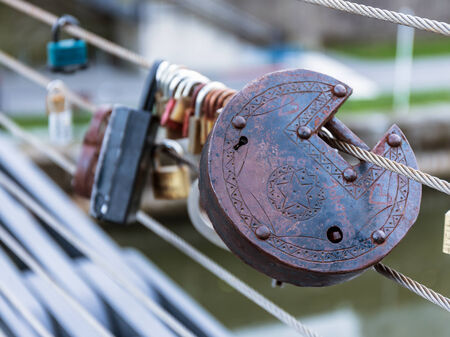 BAMBERG, GERMANY - SEPTEMBER 26 2014: Love Locks on a Bridge in the German City of Bamberg in Bavariaのeditorial素材