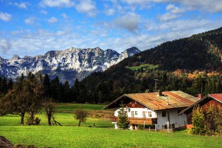 View ona Mountain Pasture at the sea of Kings in Berchtesgaden. Lovely Landscape Autumn Picture from the Alps in Bavaria, Germanyのeditorial素材