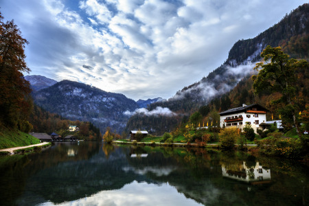 Idyllic Autumn Scenery at the lovely sea of kings in Berchtesgaden, Germany. Lovely colorful trees in Bavariaのeditorial素材