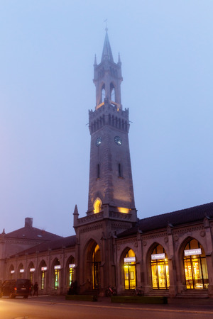 CONSTANCE, GERMANY - NOVEMBER 02 2014: Train Station at Lake Constance in the Evening Fog in Autumnのeditorial素材