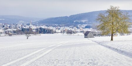 Cold snowy winter wonderland in the Black Forrest Region of Germany. Sweet Solitude. White and Lonely Landscapeの写真素材
