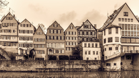 TUEBINGEN, GERMANY - JANUARY 20 2015: Tuebingen Old Town. Lovely Medieval Historical Houses. Vintage Black and White Sepiaのeditorial素材