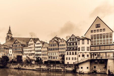 TUEBINGEN, GERMANY - JANUARY 20 2015: Tuebingen Old Town. Lovely Medieval Historical Houses. Vintage Black and White Sepiaのeditorial素材