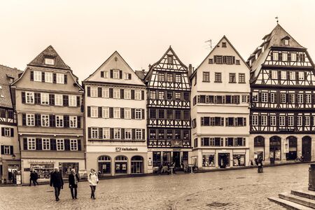 TUEBINGEN, GERMANY - JANUARY 20 2015: Tuebingen Old Town. Lovely Medieval Historical Houses. Vintage Black and White Sepiaのeditorial素材