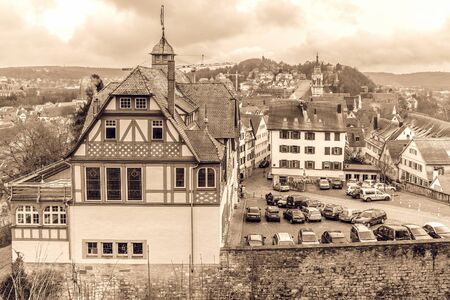TUEBINGEN, GERMANY - JANUARY 20 2015: Tuebingen Old Town. Lovely Medieval Historical Houses. Vintage Black and White Sepiaのeditorial素材