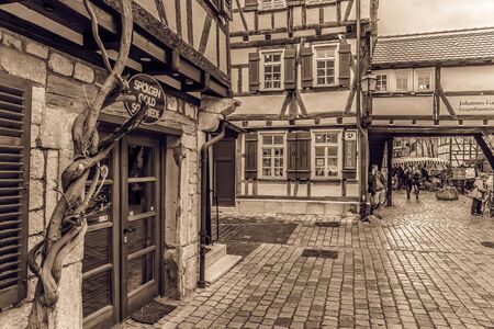 TUEBINGEN, GERMANY - JANUARY 20 2015: Tuebingen Old Town. Lovely Medieval Historical Houses. Vintage Black and White Sepiaのeditorial素材