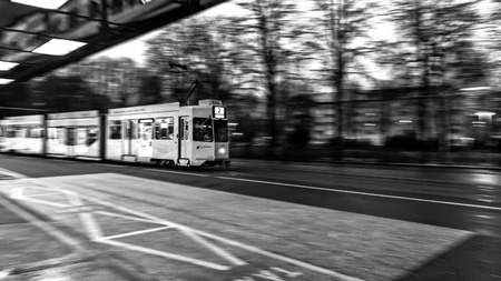 Tram in the swiss city of Basel in the evening on a cold and snowy winter day. Evening in Switzerlandのeditorial素材