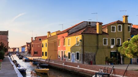 BURANO, ITALY - SEPTEMBER 09 2013: Colorful Houses of Burano. Tourism Island in the Lagoon of Venice. Evening Atmosphere on a warm late summer dayのeditorial素材