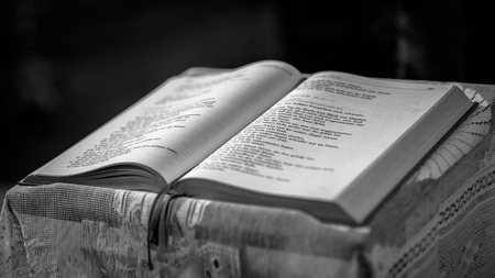 TICKS VILLAGE, BAVARIA / GERMANY - April 04 2015: Interior shot of the famous mountain chapel near Guegel Schesslitzview in Bavaria, Germany. Bible on the Lecternのeditorial素材