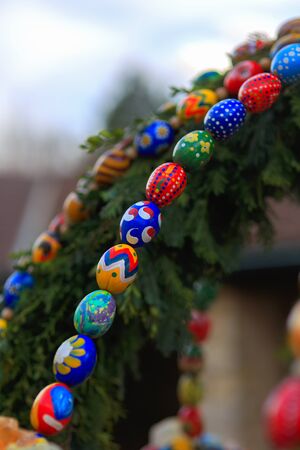 Franconian Bavarian Spring Tradition. Decorated Easter Well in the franconian city of Bayreuth, Germanyの写真素材