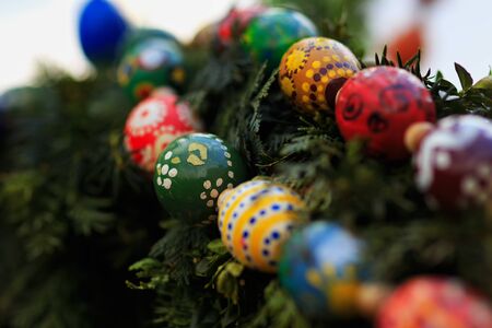 Franconian Bavarian Spring Tradition. Decorated Easter Well in the franconian city of Bayreuth, Germanyの写真素材