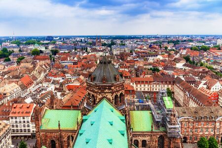 STRASBOURG FRANCE 16 MAY 2015: Historical european picturesque Town of Strasbourg France. Historical Half Timbered Houses. Aerial Viewのeditorial素材