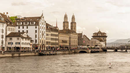 ZURICH SWITZERLAND MAY 14 2015: Inner City of Zurich Switzerland. Old Town at the river. Vintage Sepia Colorのeditorial素材
