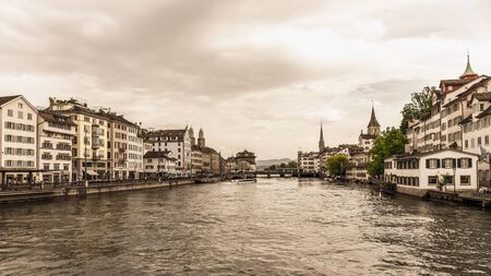 ZURICH SWITZERLAND MAY 14 2015: Inner City of Zurich Switzerland. Old Town at the river. Vintage Sepia Colorのeditorial素材