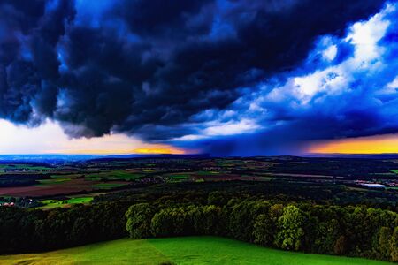 Autumn Sunrise Rural Landscape Panorama. Lovely popping vibrant colors in the fall at dawn in Bavaria, Germanyの写真素材