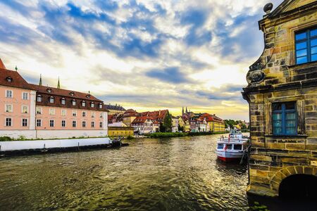 Bamberg Little Venice District in Summer. Lovely historical houses at the rhiver Regnitz with blue. Hot summer eveningのeditorial素材