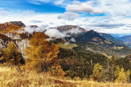 Autumn Mountain Landscape Scene in Bavaria, Germany. Lovely golden orange fall colors on a warm october dayの写真素材