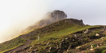 Eastern Karwendel High Mountains in Austria in Tyrol. Countryside Adventure Landscape with narrow trekking trails for mountaineering and hiking through the Austrian High Land near Seefeld on a warm and  August dayの写真素材