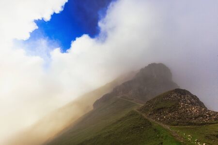 Eastern Karwendel High Mountains in Austria in Tyrol. Countryside Adventure Landscape with narrow trekking trails for mountaineering and hiking through the Austrian High Land near Seefeld on a warm and  August dayの写真素材