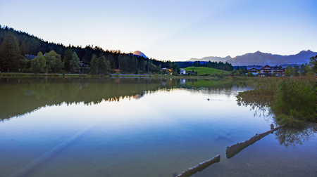 SEEFELD, AUSTRIA - AUGUST 27 2015: Picturesque Tourist Olympia City Seefeld in Autria on a warm late summer eveningのeditorial素材
