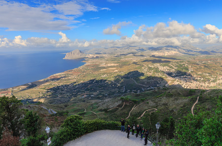 Sicilian Landscape at the Erice Mountain near Trapani, Italy. Hot autumn afternoon with some clouds. Warm colors and lovely sky. Popular travel destinationのeditorial素材