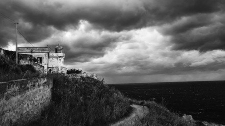 Dramatic Coast of Capo Gallo on Sicily in a Storm. Lovely landscape with many clouds in Sicily, Italy at the seaの写真素材