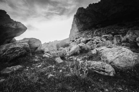 Sunrise over the Coast of Sicily. Dawn at Capo Gallo Coast near Palermo at Mondello on a warm autumn morning. Lovely sun and waves in the seaの写真素材