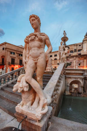 PALERMO, ITALY - NOVEMBER 22 2015: Grand Piazza Pretoria at the Blue Hour in Palermo, Sicily, Italy. Blue Orange Contrast of the historical buildingsのeditorial素材