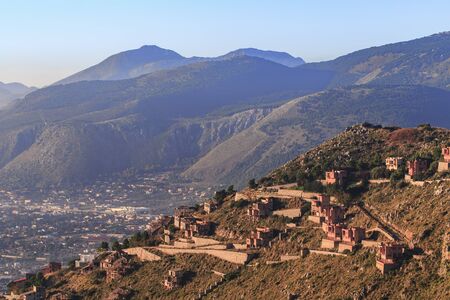 Mafia House Ruins in the hills of Capo Gallo in Palermo, Sicily in Italyの写真素材