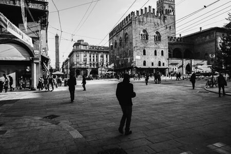 BOLOGNA, ITALY - NOVEMBER 27 2015: Black and White Scene from the town center of Bologna on a cold November Dayのeditorial素材