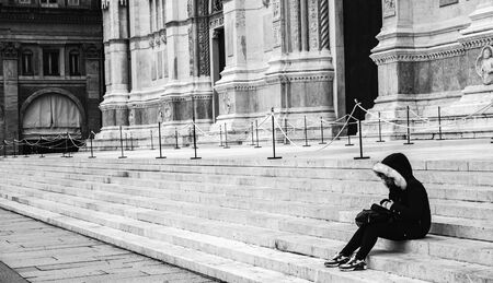 BOLOGNA, ITALY - NOVEMBER 27 2015: Black and White Scene from the town center of Bologna on a cold...