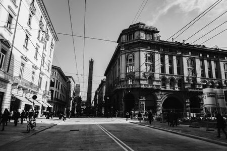 BOLOGNA, ITALY - NOVEMBER 27 2015: Black and White Scene from the town center of Bologna on a cold November Dayのeditorial素材