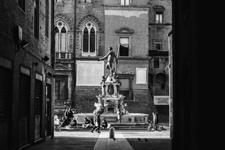 BOLOGNA, ITALY - NOVEMBER 27 2015: Black and White Scene from the town center of Bologna on a cold November Dayのeditorial素材