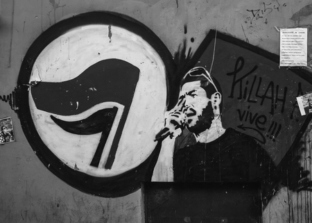 BOLOGNA, ITALY - NOVEMBER 27 2015: Black and White Scene from the town center of Bologna on a cold November Dayのeditorial素材