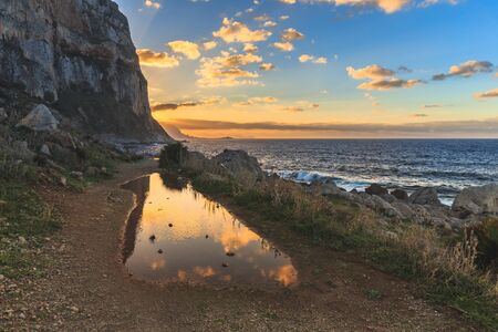 Gorgeous Sicilian Coastal Landscape. Captivating December Panorama from the sea near Palermo, Italyの写真素材
