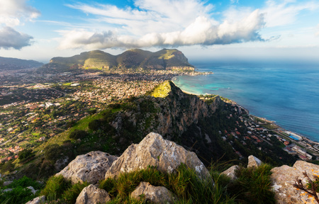 Wandering in the Hills of Palermo, Italy at Monte Pellegrino on the island of Sicily. Hiking Trip in January with an amazing view on the green islandの写真素材