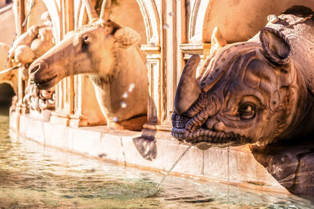 Fountain of Shame at the Piazza Pretoria. Old Town of the City of Palermo on Sicily in Italy, Europe. Vibrant Colors. Detail Picture of the historical architectureの写真素材