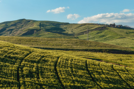Green Hill Landscape in Central Sicily near Cammarata Mountain in Spring. Hiking in the Sicilian Highlandsの写真素材