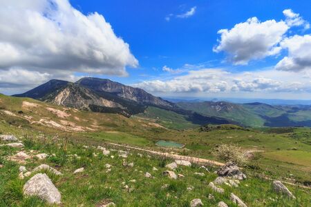 Green Hill Landscape in Central Sicily near Cammarata Mountain in Spring. Hiking in the Sicilian Highlandsの写真素材