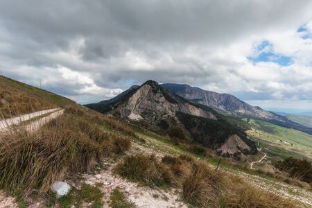 Green Hill Landscape in Central Sicily near Cammarata Mountain in Spring. Hiking in the Sicilian Highlandsの写真素材