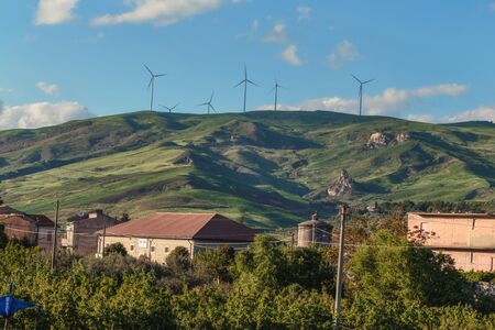 Green Hill Landscape in Central Sicily near Cammarata Mountain in Spring. Hiking in the Sicilian Highlandsの写真素材